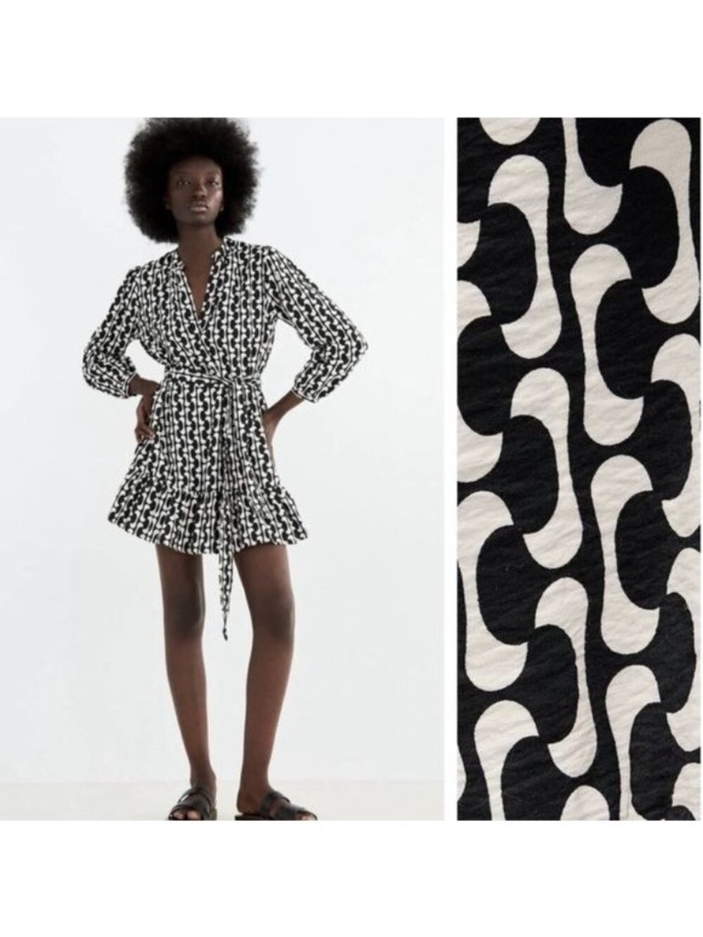 Zara The Paula Dress Black White Graphic Print Mini Ruffle Missing Belt Large